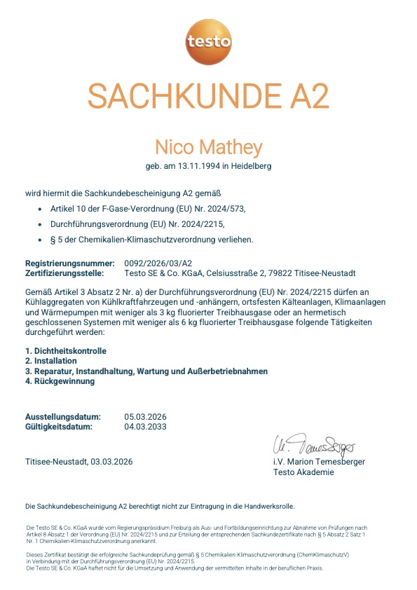Sachkundezertifikat A2 Klimaschein Nico Mathey