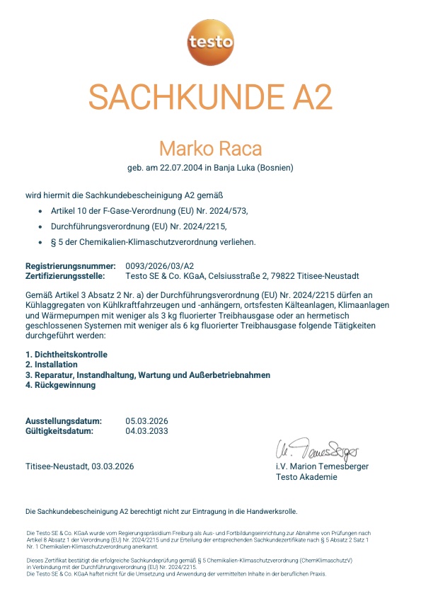 Sachkundezertifikat A2 Klimaschein Marko Raca