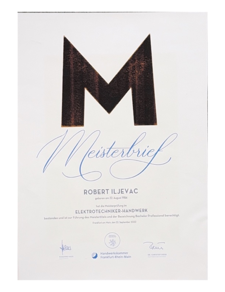 Meisterbrief Robert Iljevac, Elektrotechniker-Handwerk