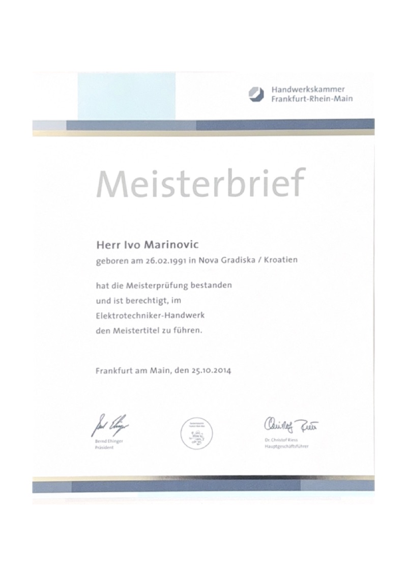 Meisterbrief Ivo Marinovic, Elektrotechniker-Handwerk