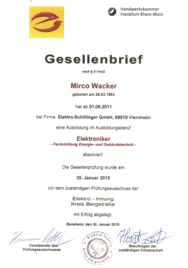 Gesellenbrief Mirco Wacker