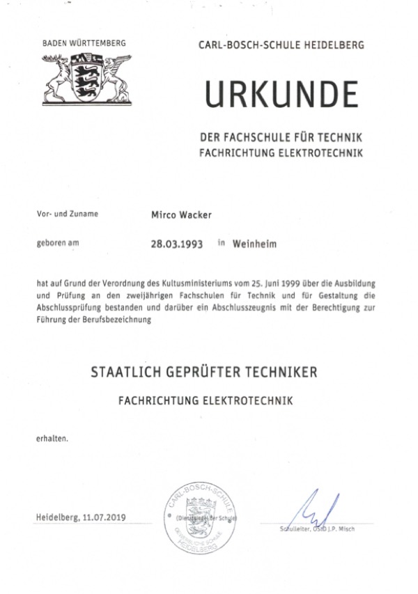 Urkunde Staatlich geprüfter Techniker Mirco Wacker