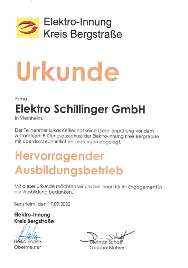 Urkunde Hervorragender Ausbildungsbetrieb Elektro Schillinger